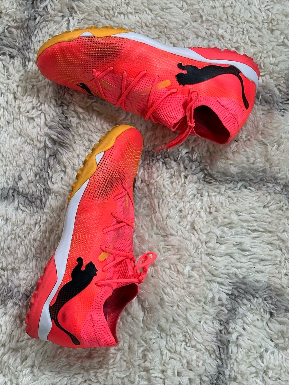 Puma Neon Coral and Yellow Indoor Soccer Shoes with Black Logo